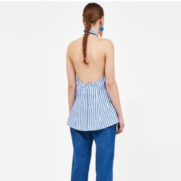 Zara Blue/White Striped Halter Wrap Top with Embroidery - Picture 2 of 9